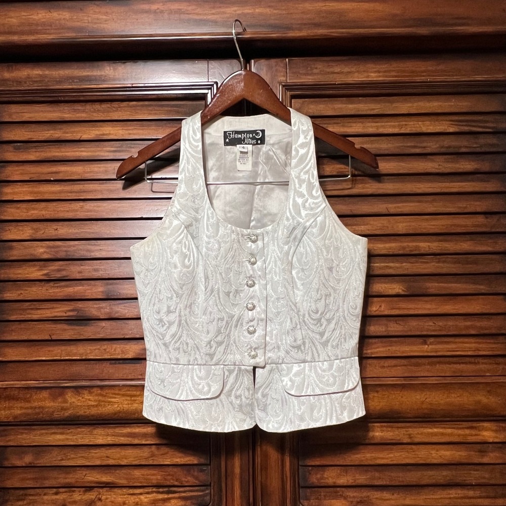 Vintage 90s Hampton Nites Silver Floral Jacquard Halter Vest Peplum
Top Size 4